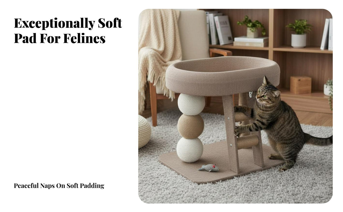 Sisal Scratching Posts Multi-Level Feline Structure Space-Saving Elevated Feline Lounger with Scratcher Includes Play Toy Pet Furniture Sturdy Construction for Felines, Kittens, Kitten Owners, Small Areas, Indoors, Living Room, By a Window
