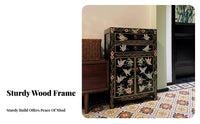 Antique Finish Tibetan Painted Chest Ornate ornamentation Bedside Cabinet bright hues End Table long-Enduringing Construction for Fans of Ethnic Decor, Interior Decorators, Apartment Dwellers, Bedroom, Living Room, Entryway, Hallway
