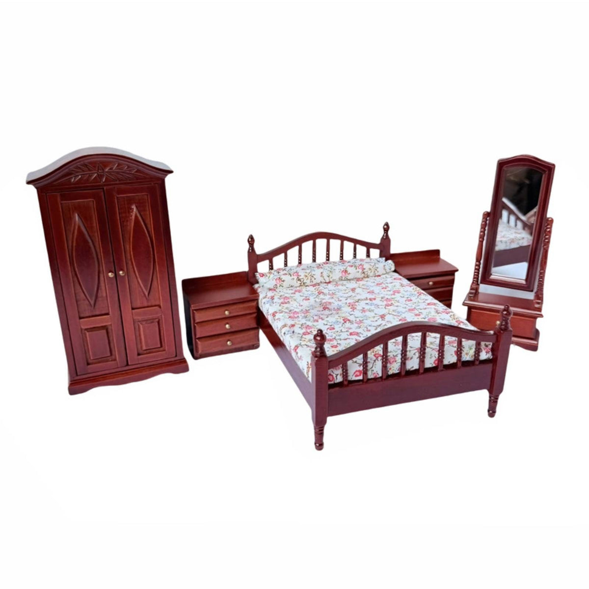 5 Pieces Dollhouse Bedroom Set Openable Miniature Bedroom Furniture Classic Dollhouse Miniature with Wardrobe for Photo Display