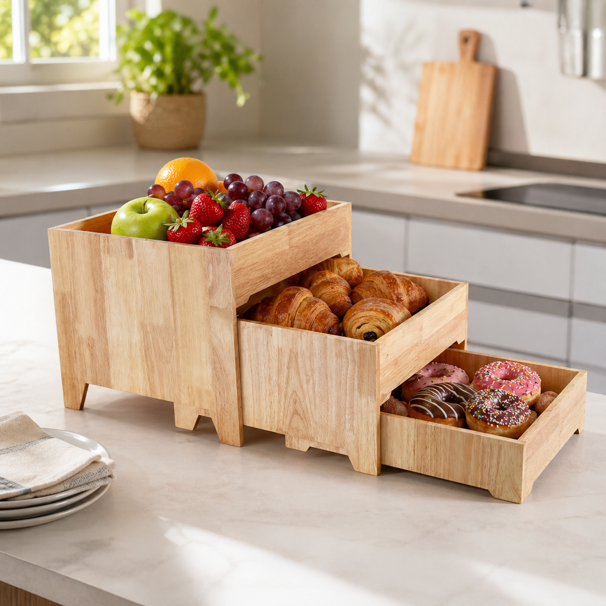 3-Tier Wooden Fruit Display Stand, Retro Cake Stand for Buffet Display, Serving Tray for Dinner Parties, Snack Tray