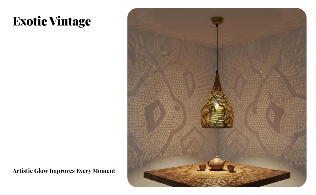 Intricate Design Hollow-out Metal Lantern Artisan-Made Moroccan Hollow Lamp Gold Finish Moroccan Hanging Lamp Easy Installation for Cafe Owners, Interior Designers, Homeowners, Restaurant, Dining Room, Bedroom, Foyer