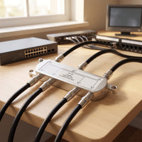 6-Way Coaxial Splitter 75-Ohm Coaxial Splitter with Mounting Ears 5-2400 MHz Power Passing for CATV Installations