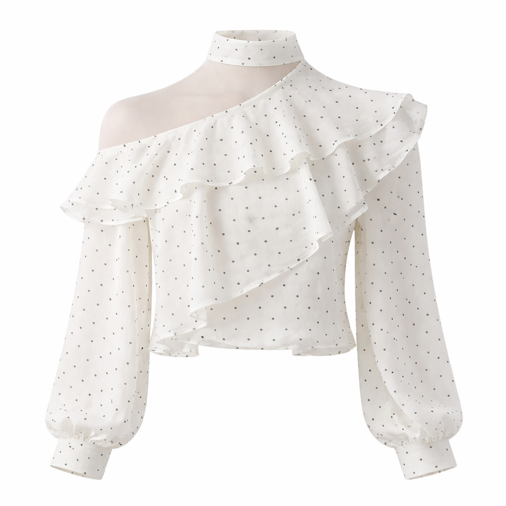 Off Shoulder Tops for Women Long Sleeve Polka Dot Blouse, Ruffle Design for Date Night, Ladies Fashion Going Out Pullover Shirt