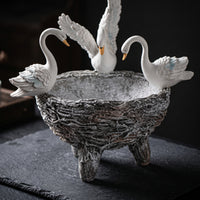 Planter with Bird Figurines Rustic Footed Planter Bowl Stone Look Centerpiece Bowl for Gardeners