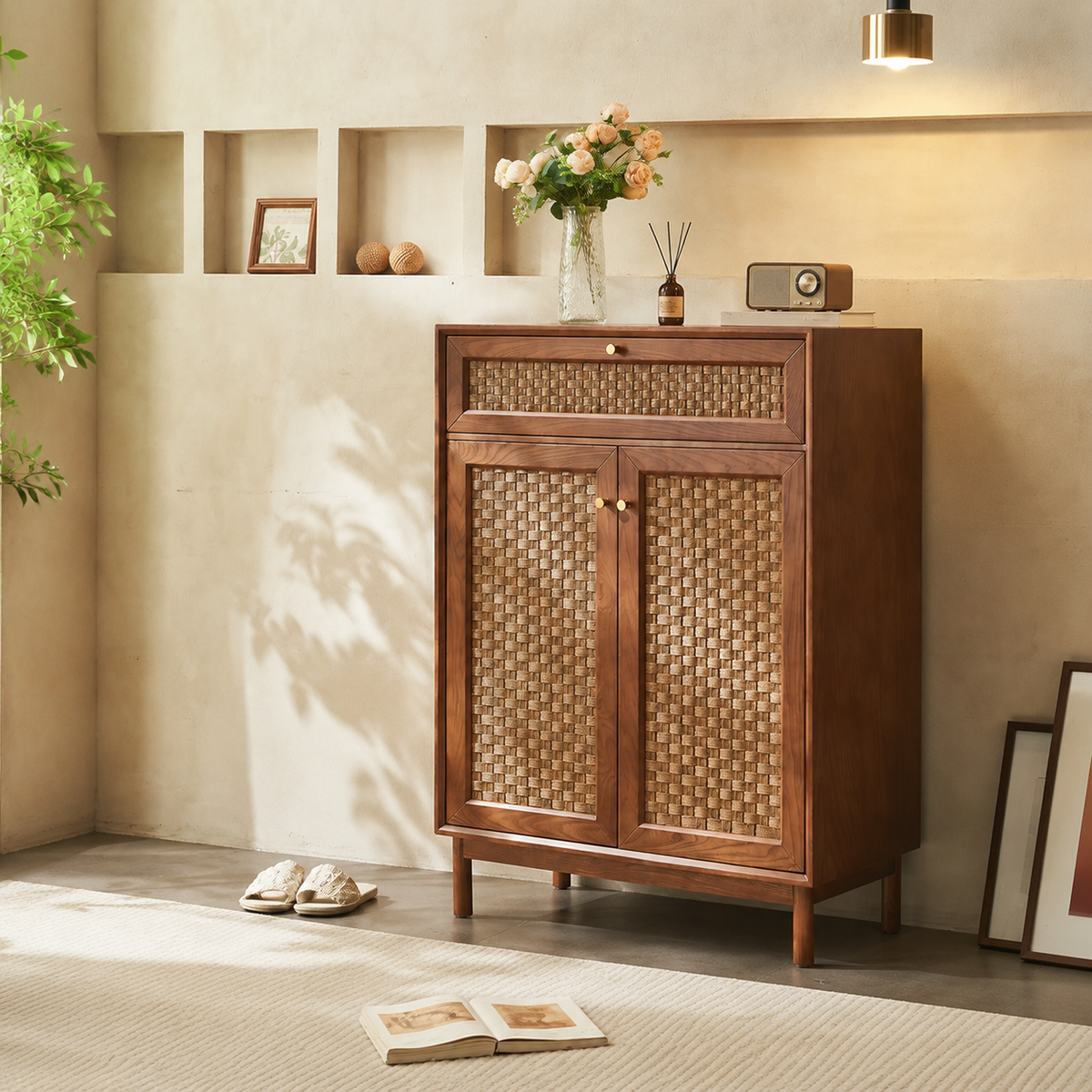 Rattan Shoe Cabinet, Entryway Storage with Bench, Shoe Rack, Solid Wood, Walnut Color, No Assembly Required