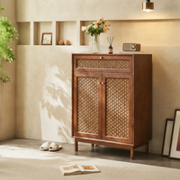Rattan Shoe Cabinet, Entryway Storage with Bench, Shoe Rack, Solid Wood, Walnut Color, No Assembly Required