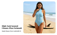 Fastener Front Single-Piece Swimsuit Quick-Dry Material Uniform Color Wave Suit Zip Front Bathing Suit Breathable