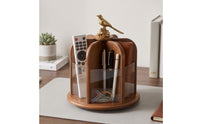 Rotating Cosmetic Display Case Wooden Cosmetic Display Case with Bird Ornament Multi-Compartment Rotating Organizer with Clear Panels
