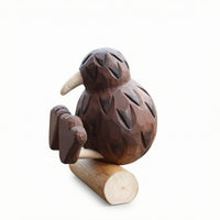 Carved Woodland Bird Statue Dark Brown Wooden Figurine Collectible Home Decor