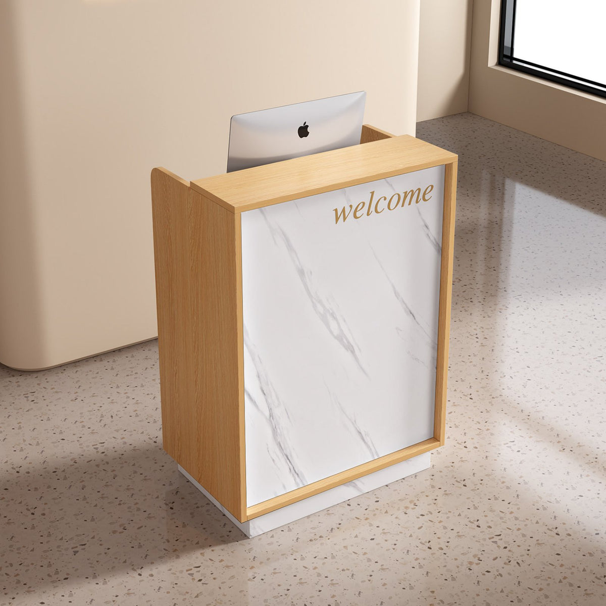 Small Reception Desk Minimalist Front Desk Modern Cashier Stand Sturdy Particleboard Structure with Ample Storage Suitable for Shop Salon Lobby Office