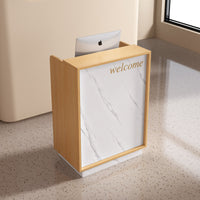Small Reception Desk Minimalist Front Desk Modern Cashier Stand Sturdy Particleboard Structure with Ample Storage Suitable for Shop Salon Lobby Office