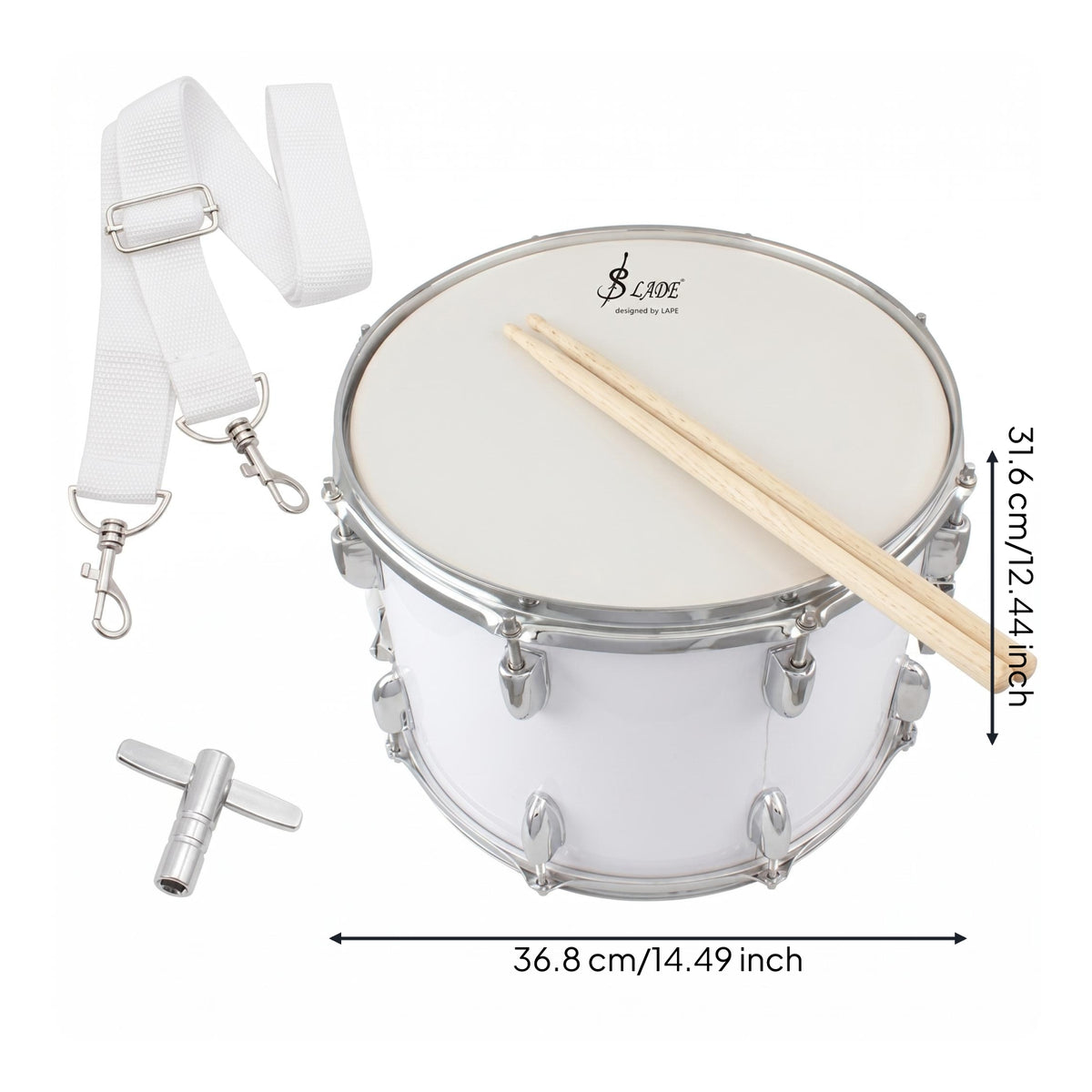 Silver Hardware White Marching Drum Drumsticks Included Metal Marching Drum