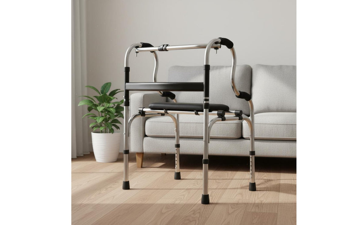 Rehabilitation Support Stainless Steel Mobility Aid Non-Slip Foot Pads Folding Mobility Aid with Seat Foldable Walking Frame for Rehab Patients