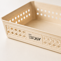 Stackable Storage Basket, White Polypropylene Wicker Storage Baskets with Handles, Rectangular for Shelves