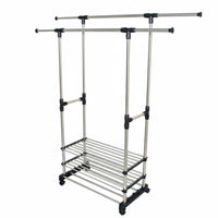 Rolling Double-Bar Clothes Rack Extensible Rod Drying Stand Easy to Assemble