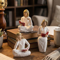 European-American Style Resin Craft Cute Blonde Hair Reading Girl Figurine Set of Three for Coffee Shop KTV Front Desk Tabletop Decoration