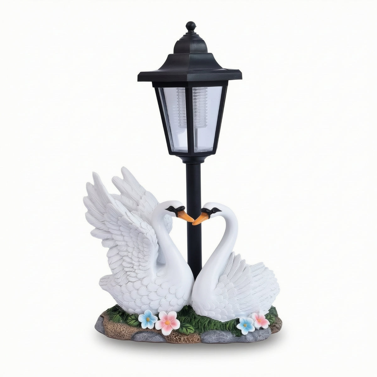 Swan Statue with Hanging Lantern Light Stone-Look for Gardeners