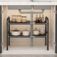 Matte Black Under Sink Organiser, Adjustable Width 525-880mm Metal Pull Out Drawers for Cabinets, Under Sink Storage for Cleaning Supplies