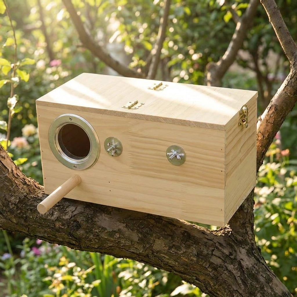 Metal Reinforced Nesting Box, Pine Wood Avian Box, Avian Nesting for Small Finch Breeding, External Mount with Perch and Wood Shavings