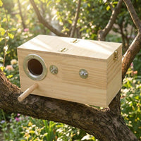 Metal Reinforced Nesting Box, Pine Wood Avian Box, Avian Nesting for Small Finch Breeding, External Mount with Perch and Wood Shavings