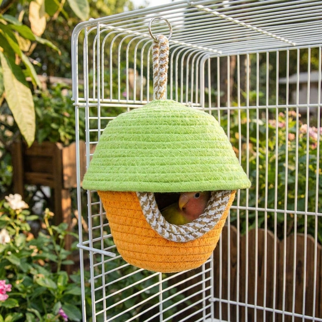 Handmade Budgie Bed Birdhouse, Round Dome Budgie Bed with Rope Insulation, Winter Shelter for Average-sized Birds with Ventilation Holes, 1 Pack