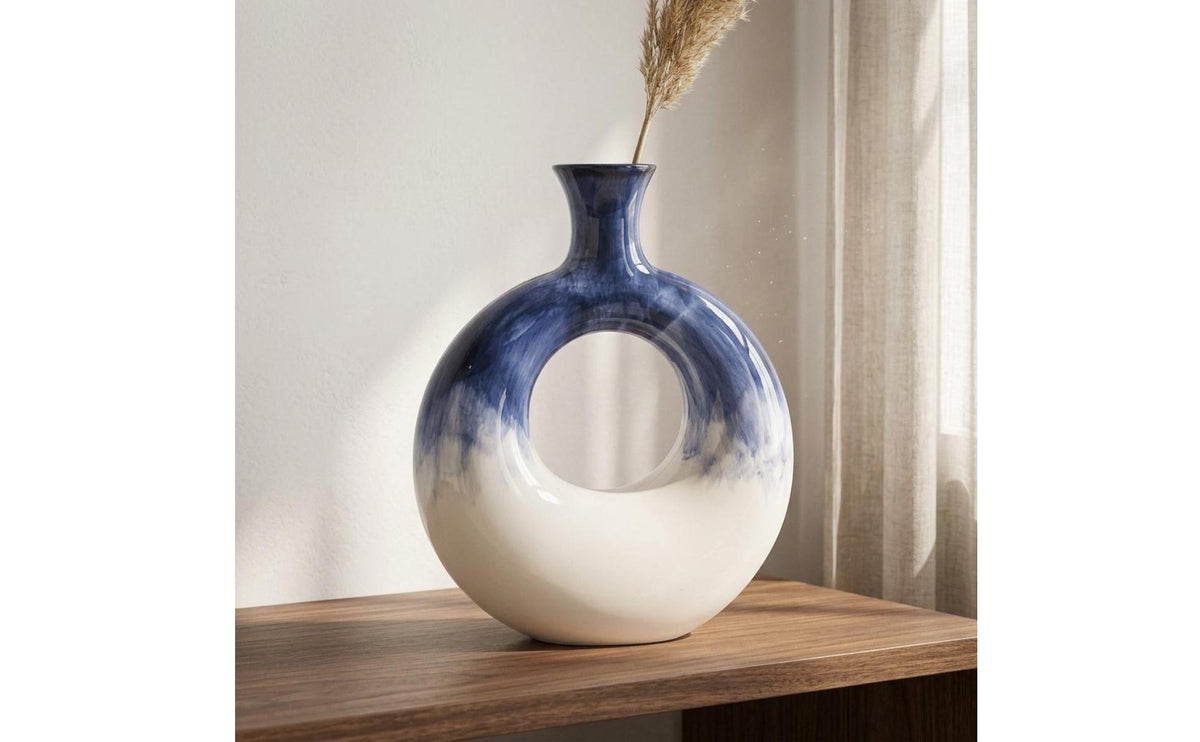 Glossy Glazed Ceramic Circlet Vase Hand-Painted Decorative Centerpiece Vase Open Central Opening Circlet-Shaped Tabletop Ornament Brush-Like Glaze