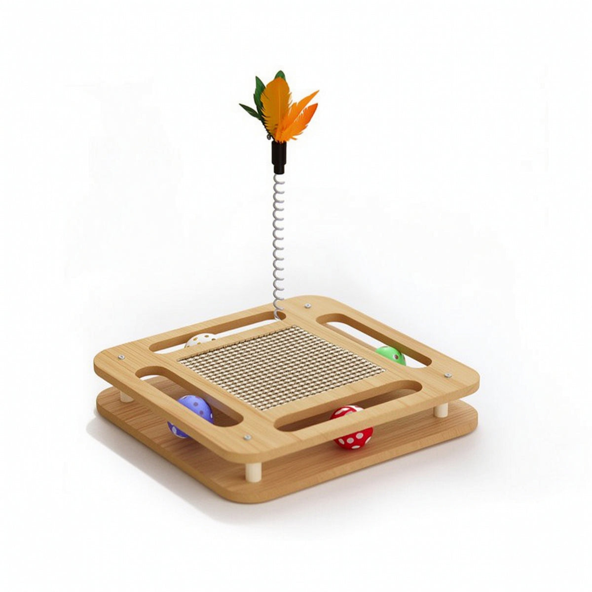 Cat Scratcher with Teaser Wand Interactive Wooden Cat Play Platform Scratching Board Natural Wood Multi-Layer for Indoor Cats
