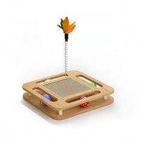 Cat Scratcher with Teaser Wand Interactive Wooden Cat Play Platform Scratching Board Natural Wood Multi-Layer for Indoor Cats