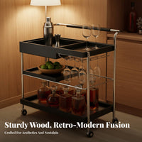 With casters 2-Tier Rolling Cart Movable Serving Trolley Retro design Mobile Rack adaptable Functionality for Apartment Dwellers, Entertainers, Living Room, Small Spaces, Bedroom, Bathroom