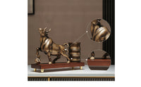 Pen Holder with Bull Statue Decorative Bull Statue Pen Cup Desk Organizer Metal-Finish Sculptural for Collectors, Office, Study