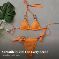 Textured Bikini with Gold Chain Adjustable Ties Chain Linked Halter Bikini Sexy Tie Side Triangle Swimsuit for Young Adults, Vacation, Beach, Swimming