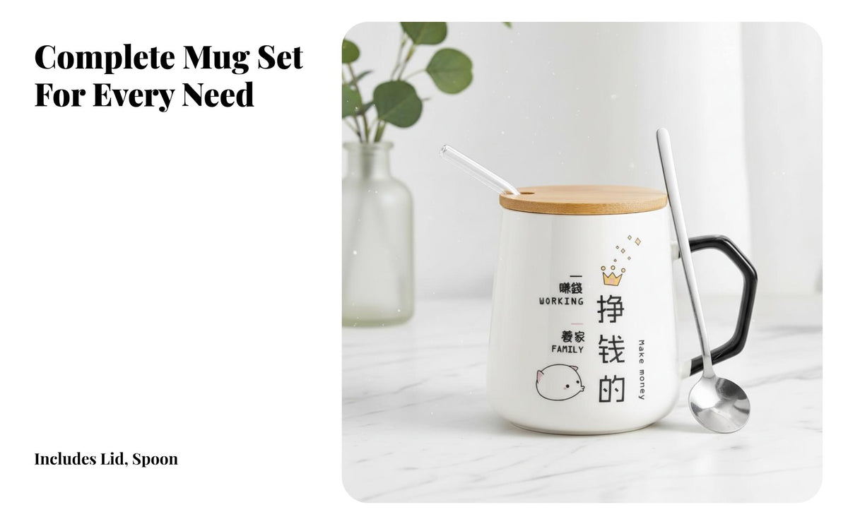 Ceramic Mug with Lid & Spoon, Cute Cartoon Couple, Ins Style, Breakfast Mug for Adults