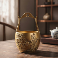 Brass Bucket with Handle Embossed Dragon and Fabled Avian Bucket Polished Ornament for Newlyweds, Collectors, Wedding