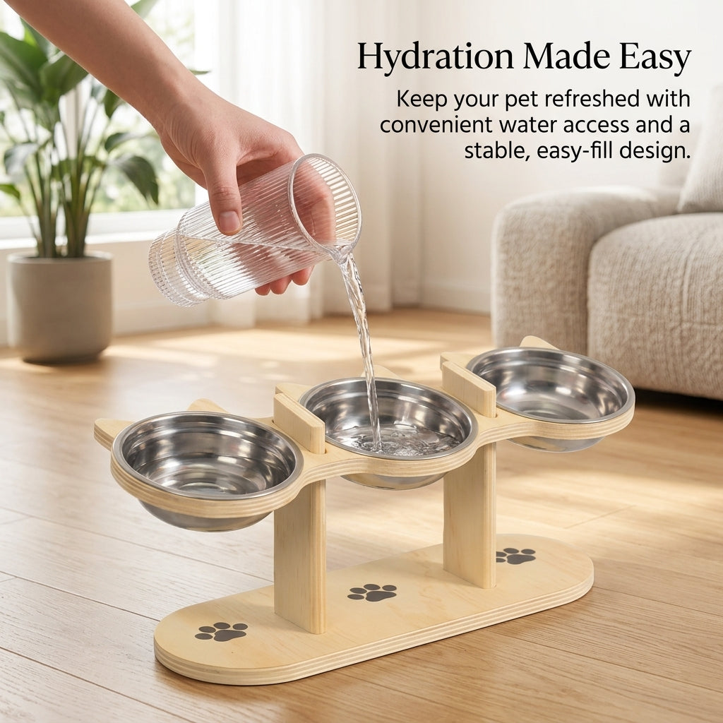 Elevated Wooden Cat Bowl Stand, Adjustable Height Tilted Design, Neck Protection Pet Feeder, Solid Wood Food Dish Holder, Non-Slip Base