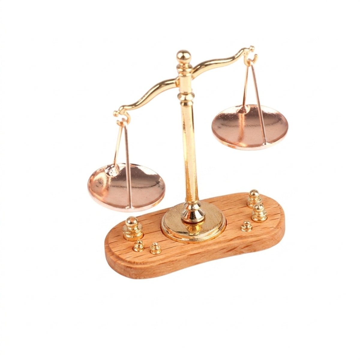 Balance Scale with Wooden Base Vintage Style Miniature Furniture Set Gold Tone Ornament for Collectors, Hobbyists