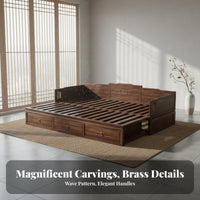 Extendable Classic Bed Multifunctional Solid Wood Storage Sofa Bed Space Saving Walnut Daybed with Drawers for Guests, Adults, Living Room, Sleepovers