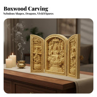 Intricate Element S Foldable Buddhist Shrine Portable Three-Panel Altar Box Boxwood Prayer Box for Spiritual Seekers, Art Collectors, Home Decorators, Meditation Space, Living Room, Travel, Office Desk