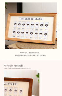 学生校园成长记录相框儿童证件照宝宝一寸小孩时光相册片纪念摆台 小1寸模板+相框15*30CM（女孩）校园+卡纸 木纹色35【小班—大学】