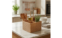 Wicker Cutlery Basket Countertop Wicker Basket with Handle Rustic Silverware Organizer for Kitchen, Washroom, Office