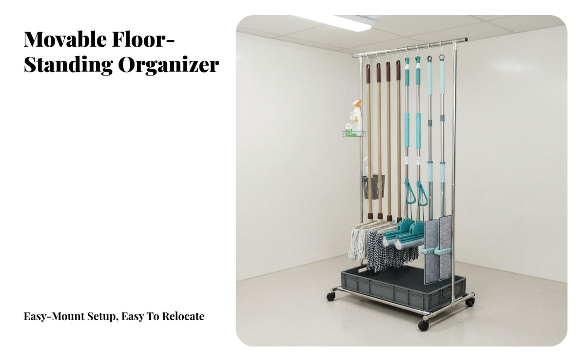 Broom and Mop Holder Rack No Required Stainless Steel Broom Stand Rust-Resistant Freestanding Cleaning Tool Holder for Garage, Utility Closet