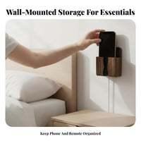 Bedside Charging Station Box No Required Wood Grain Wall Storage Box Multi-Functional Phone Holder for Renters, Bedroom, Living Room