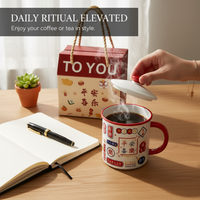 Chinese Style Ceramic Mug with Lid, Large Capacity Enamel-Look Coffee Cup for Office and Home