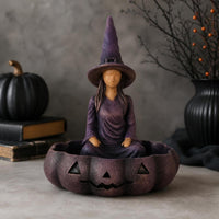 Spooky Pumpkin Bowl with Witch Decorative Witch Storage Container Cute Halloween Candy Dish Compact for Goth Decor Lovers, Witchcraft Fans, Entryway Table, Office Desk
