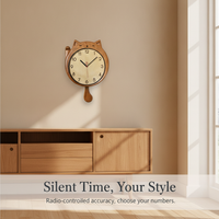 Lucky Cat Solid Wood Wall Clock with Silent Movement for Living Room Decor