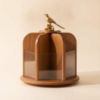 Rotating Cosmetic Display Case Wooden Cosmetic Display Case with Bird Ornament Multi-Compartment Rotating Organizer with Clear Panels