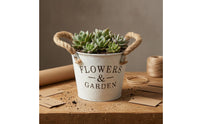 Hand-Painted Metal Bucket Planter Distressed Finish Bucket Flower Pot Printed Lettering Rope Handle Planter Tapered Shape