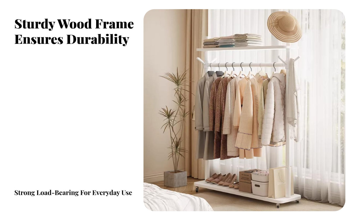 Movable Rolling Clothes Rack with Shelf Sturdy Rolling Garment Rack with Shelves Minimalist Design Coat Stand Space-Saving for Families, Students, Renters, Entryway, Bedroom, Living Room, Office