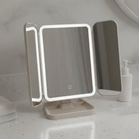Rechargeable Tri-Fold Makeup Mirror Magnification LED Vanity Mirror Rotatable Beauty Accessory Storage Base for Dorm Room