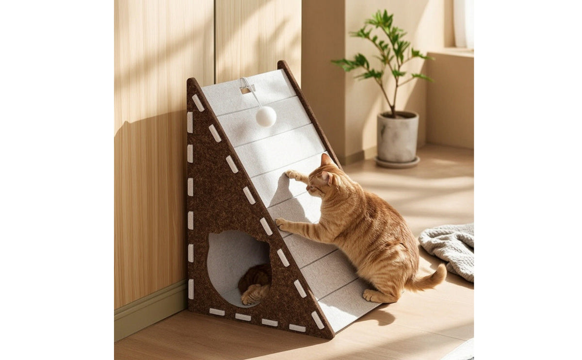 Cat Scratcher House Indoor Triangular Feline Habitat Multi-Functional Pet Accessory for Cats, Kittens, Living Room, Apartment