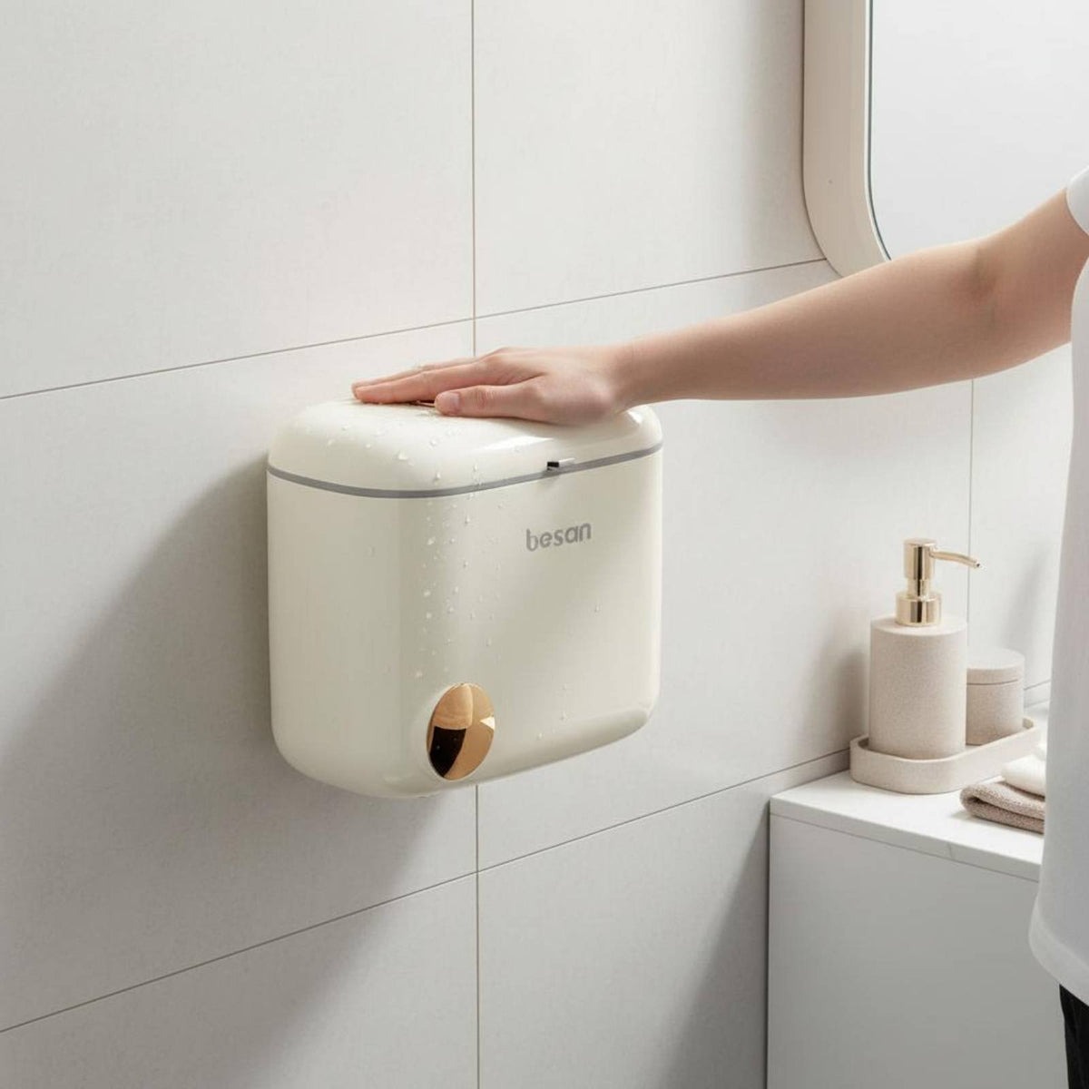 Wall Mounted Trash Can Hanging Trash Can Semi-Automatic Slide Cover Waste Bin for Washroom, Under Sink